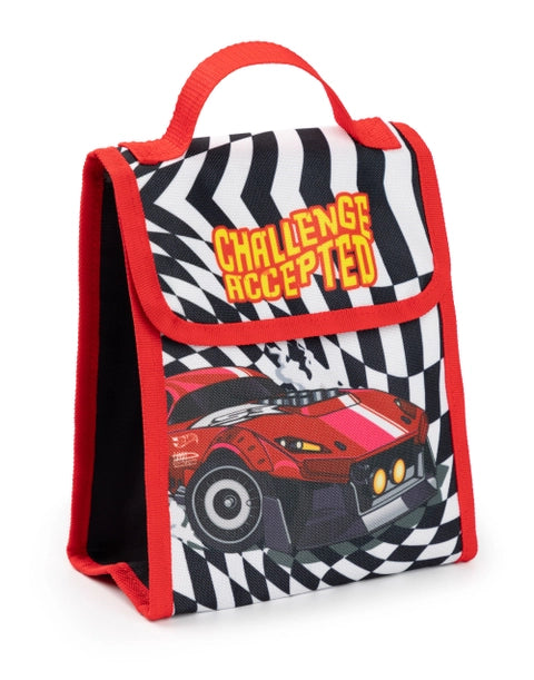 Hot Wheels 4-piece backpack set with racing flames, water bottle, lunch bag, and pencil case.