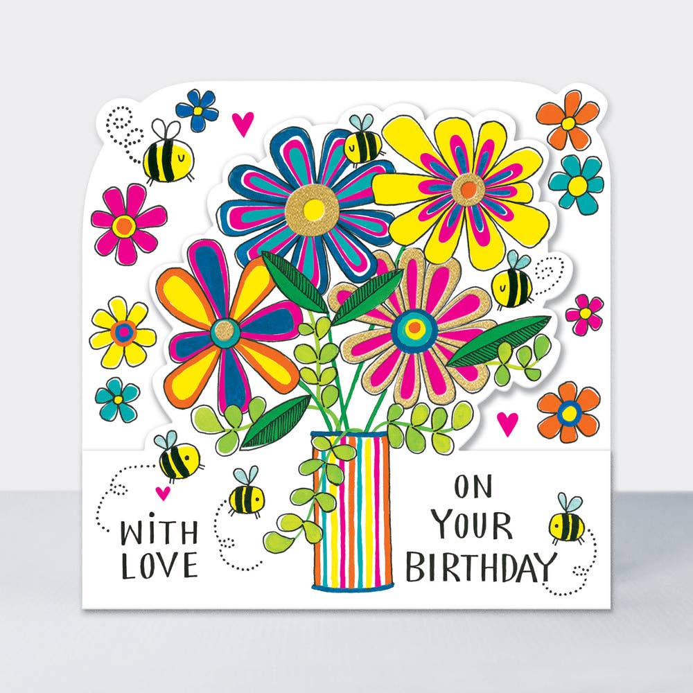 “With Love on Your Birthday” Greeting Card – Colourful Flowers &amp; Bees Design