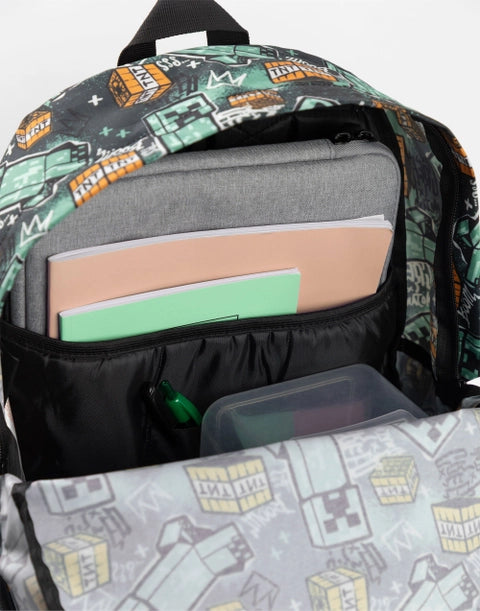 Minecraft backpack featuring Creeper and TNT block all-over print in green and black colours.