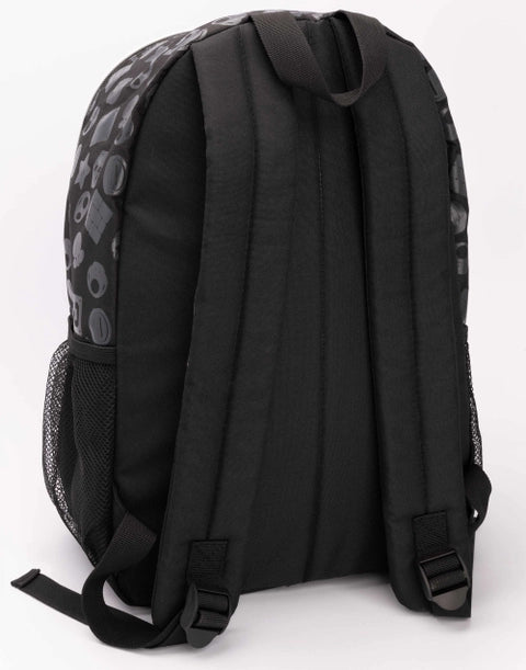 Black and red Super Mario kids backpack featuring Mario graphic, mushroom zipper pulls, and gaming icon pattern