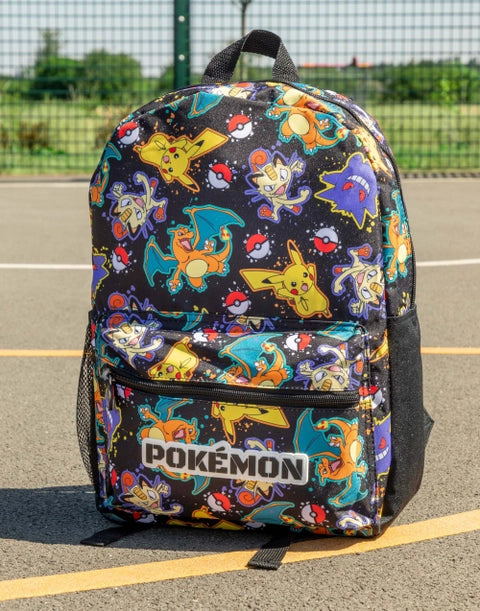 Black Pokémon kids backpack with colourful all-over print featuring Pikachu, Charizard, Gengar, Meowth and Poké Balls.
