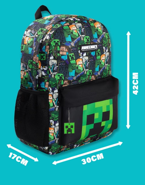Minecraft kids backpack with Creeper front panel and character pattern featuring Steve, Alex, Creepers and zombies.