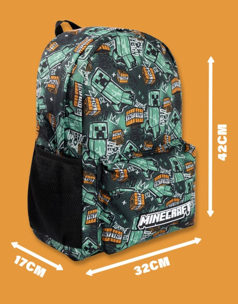 Minecraft backpack featuring Creeper and TNT block all-over print in green and black colours.