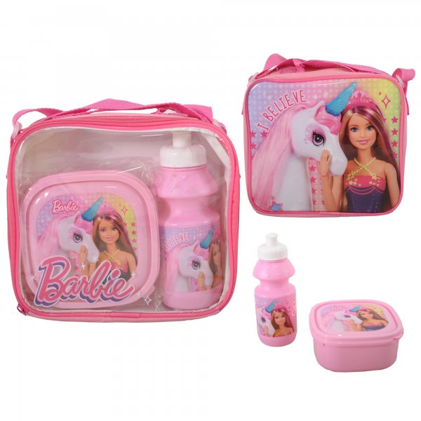 Pink Barbie kids lunch bag set with matching drinks bottle and sandwich box featuring Barbie and a unicorn