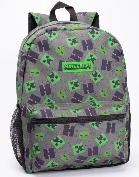 Minecraft four-piece kids backpack set including Creeper-pattern backpack, matching lunch bag, pencil case, and green water bottle.
