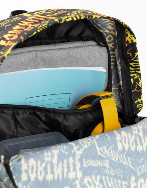 fortnite graffiti print backpack black with neon lettering front pocket and padded straps