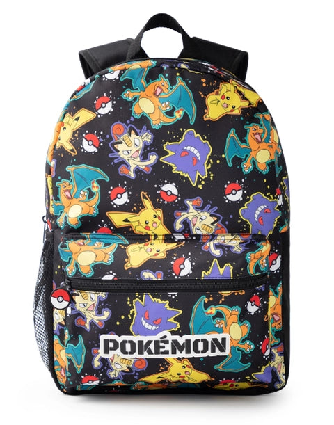 Black Pokémon kids backpack with colourful all-over print featuring Pikachu, Charizard, Gengar, Meowth and Poké Balls.
