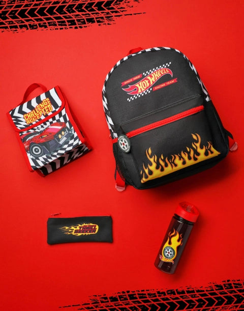 Hot Wheels 4-piece backpack set with racing flames, water bottle, lunch bag, and pencil case.