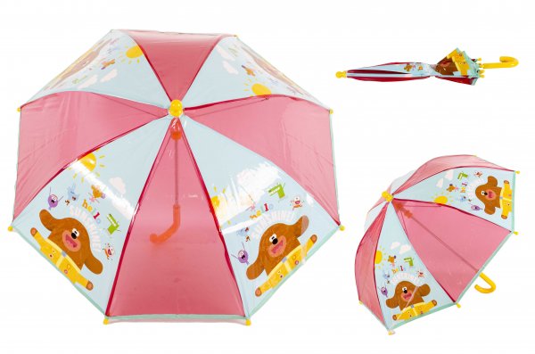 Pink Hey Duggee children's umbrella featuring Duggee and friends