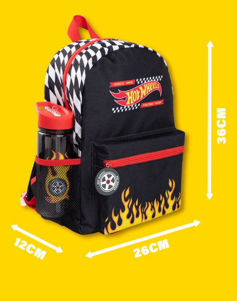 Hot Wheels 4-piece backpack set with racing flames, water bottle, lunch bag, and pencil case.