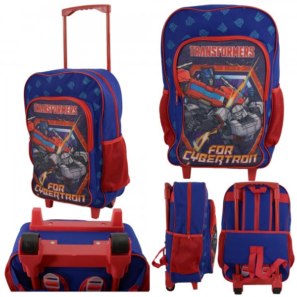 Blue and red Transformers For Cybertron kids wheeled backpack with trolley handle and backpack straps