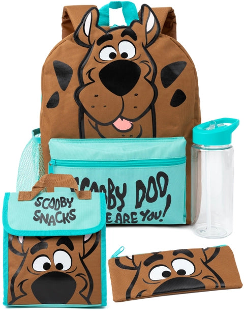 Scooby-Doo kids backpack set with brown Scooby face design, aqua blue front pocket, and matching accessories.