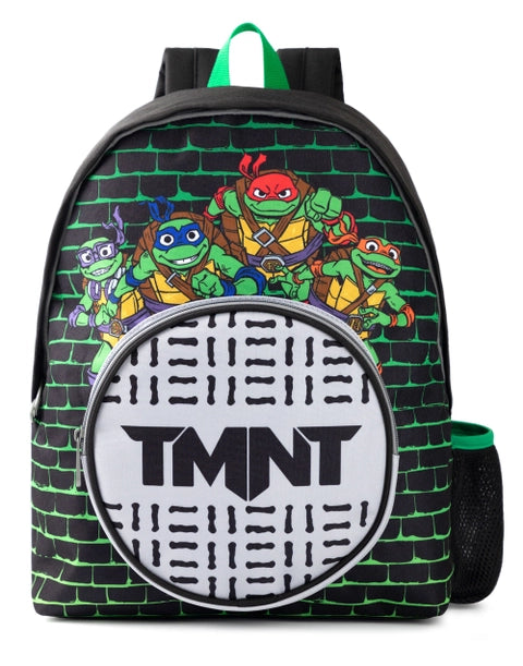 Kids Teenage Mutant Ninja Turtles backpack featuring Leonardo, Donatello, Raphael and Michelangelo with TMNT manhole cover front pocket
