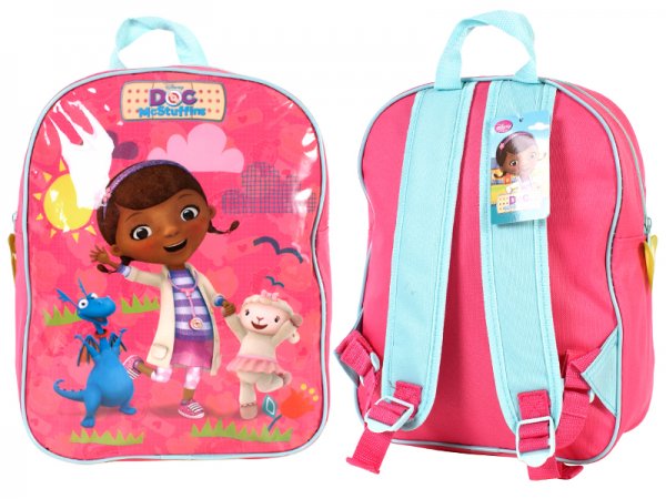 Pink and blue Disney Doc McStuffins kids backpack featuring Doc McStuffins, Lambie and Stuffy