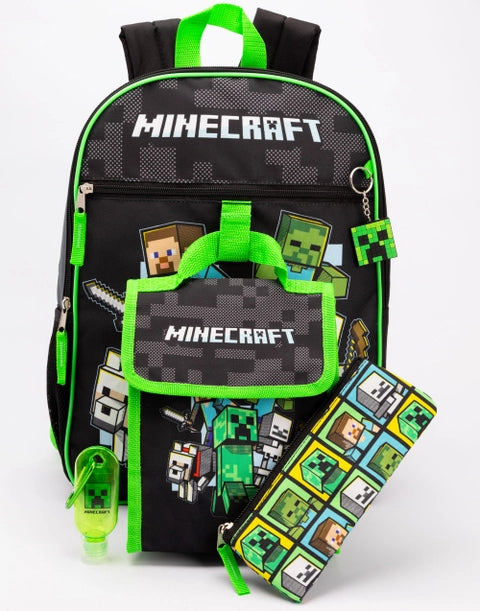 Minecraft kids backpack set with matching lunch bag, pencil case and hand sanitiser holder featuring Creeper and characters