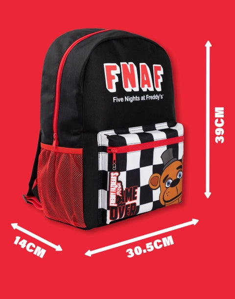 Five Nights at Freddy’s FNAF black backpack with Freddy Fazbear and checkerboard design