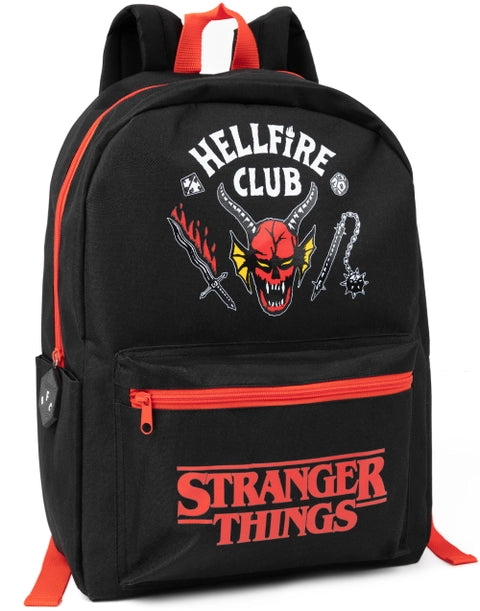 Stranger Things Hellfire Club backpack with red and black design and iconic logo