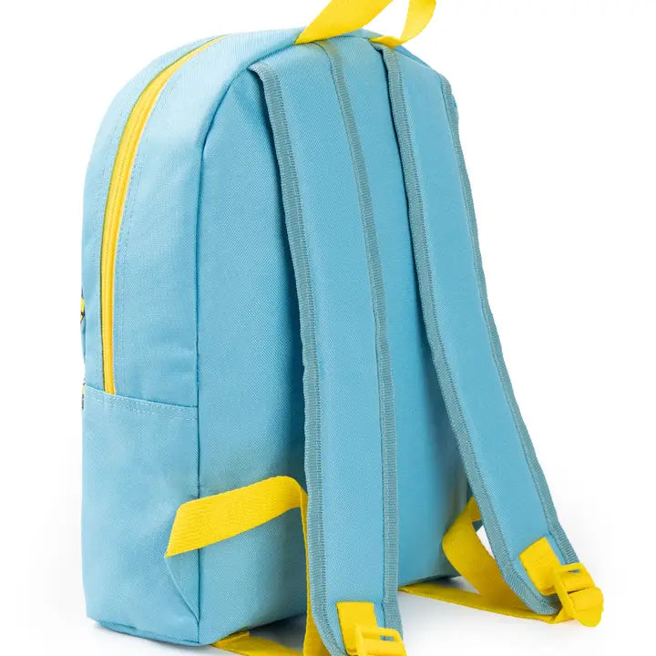 Kids More Than a Minion backpack featuring large Minion character graphic, blue and yellow design, front zip pocket, mesh side pocket and padded straps