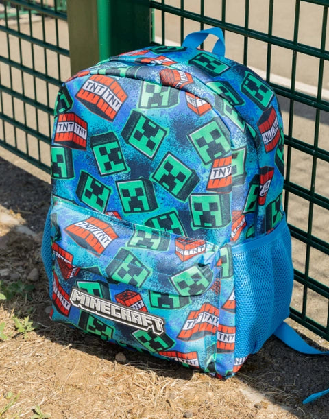 Minecraft blue backpack with TNT and Creeper pattern