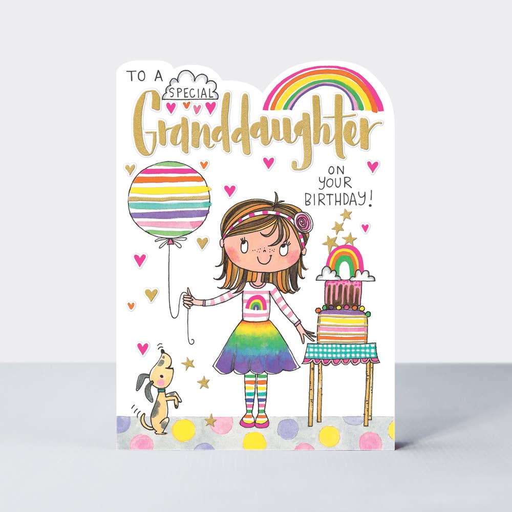 To a Special Granddaughter” Happy Birthday Card – Rainbow &amp; Cake Design