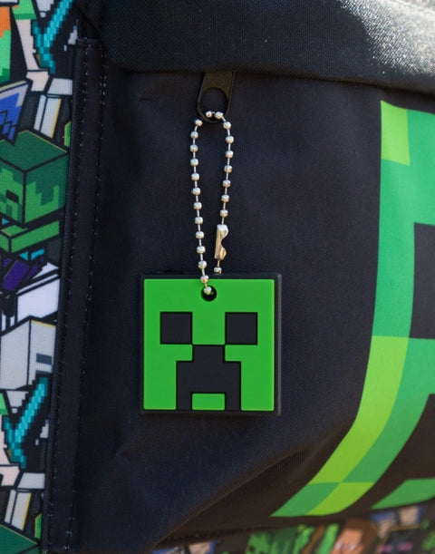 Minecraft kids backpack with Creeper front panel and character pattern featuring Steve, Alex, Creepers and zombies.