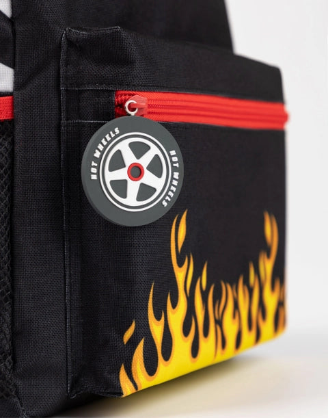 Hot Wheels 4-piece backpack set with racing flames, water bottle, lunch bag, and pencil case.