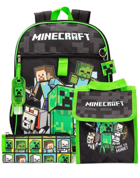 Minecraft kids backpack set with matching lunch bag, pencil case and hand sanitiser holder featuring Creeper and characters