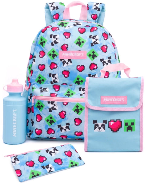 Minecraft pastel hearts and mobs blue backpack for kids with pixel Creeper, panda and heart design