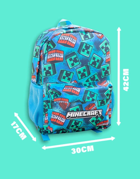 Minecraft blue backpack with TNT and Creeper pattern