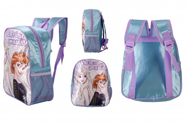 Pastel blue and purple Disney Frozen backpack featuring Elsa and Anna with Believe in Yourself design