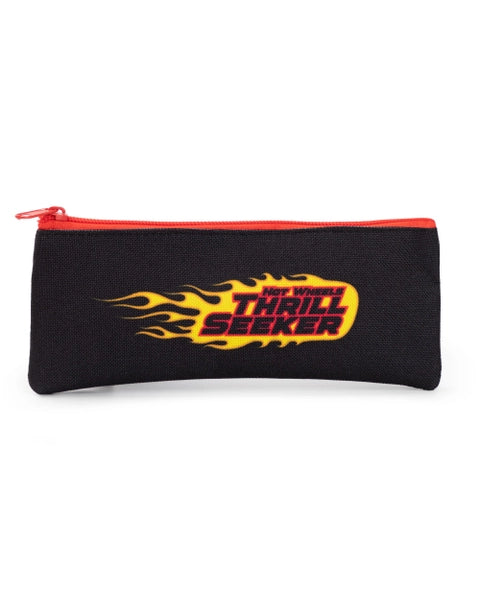 Hot Wheels 4-piece backpack set with racing flames, water bottle, lunch bag, and pencil case.