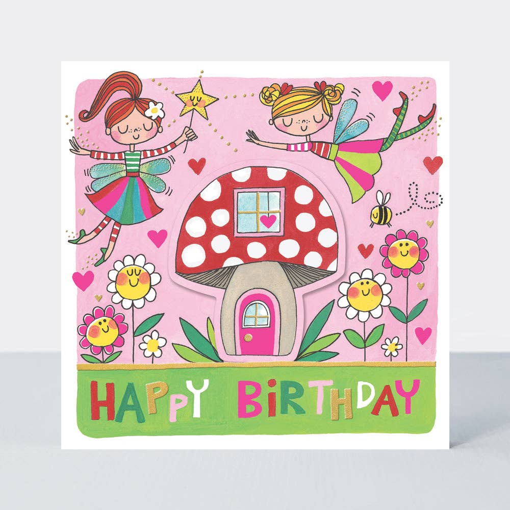 Fairy Happy Birthday Card – Cute Toadstool &amp; Flower Garden Design