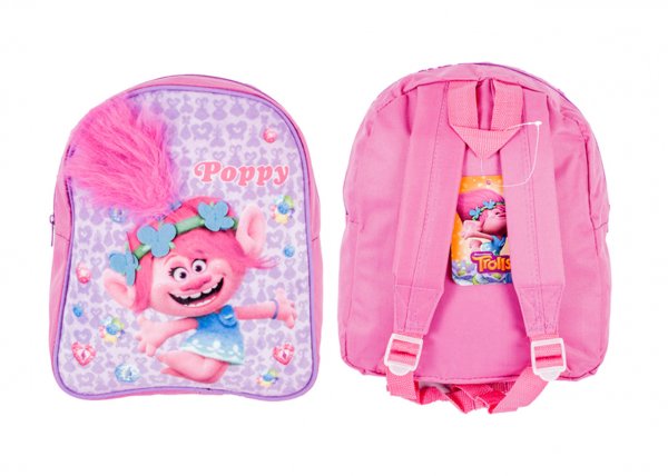 Pink Trolls Poppy girls backpack featuring Poppy with colourful heart and flower details