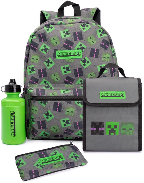 Minecraft four-piece kids backpack set including Creeper-pattern backpack, matching lunch bag, pencil case, and green water bottle.