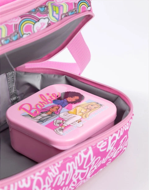 Barbie pink lunch bag with water bottle and snack box set