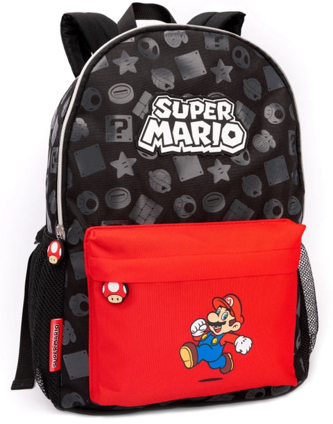 Black and red Super Mario kids backpack featuring Mario graphic, mushroom zipper pulls, and gaming icon pattern