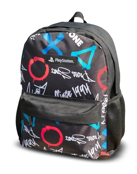 Black PlayStation backpack with colourful controller button symbols (X, O, △, □) and graffiti-style graphics