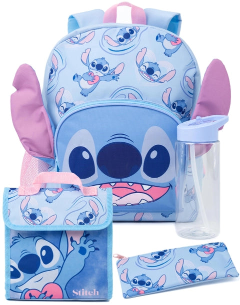 Disney Stitch kids backpack set with blue backpack featuring Stitch face design