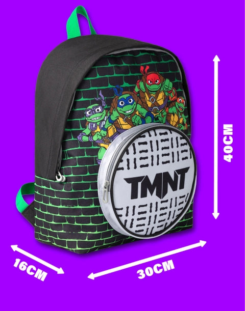 Kids Teenage Mutant Ninja Turtles backpack featuring Leonardo, Donatello, Raphael and Michelangelo with TMNT manhole cover front pocket