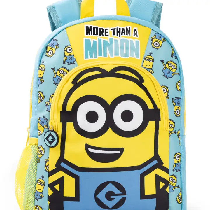 Kids More Than a Minion backpack featuring large Minion character graphic, blue and yellow design, front zip pocket, mesh side pocket and padded straps
