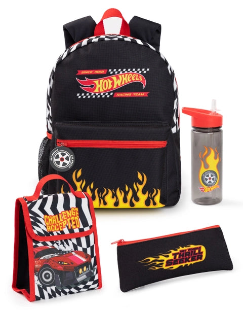Hot Wheels 4-piece backpack set with racing flames, water bottle, lunch bag, and pencil case.