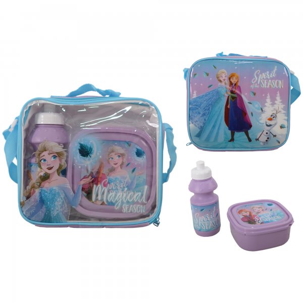 Disney Frozen lunch bag set with bottle and snack box featuring Elsa Anna and Olaf